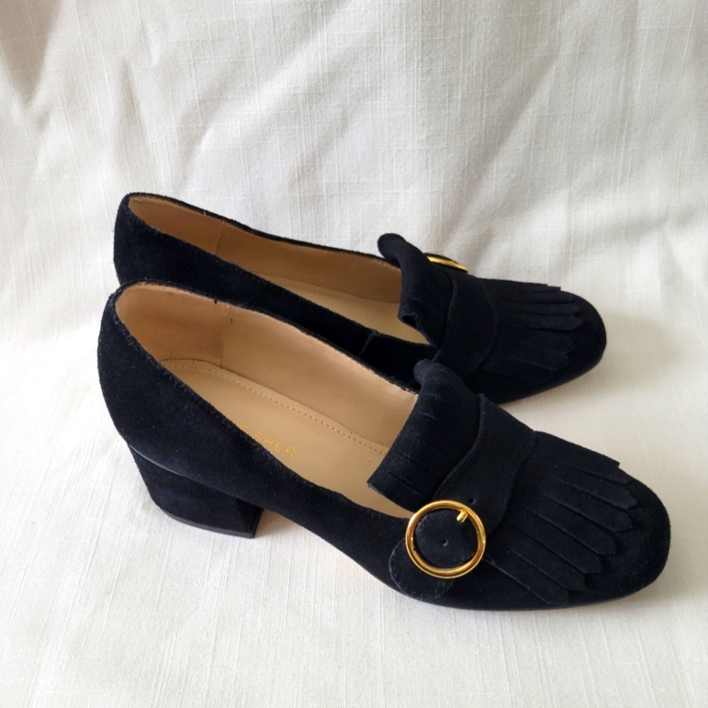 Mark Fisher Black Suede Block Heel & Fringe Loafer size 6 - Picture 5 of 15